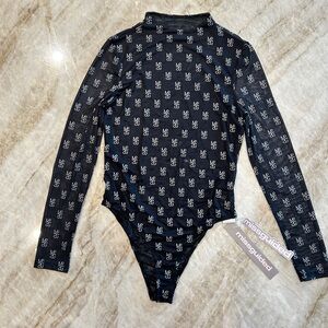 Missguided Logo Print Polo Neck Long Sleeve Bodysuit Size M NWT Sheer Slim Fit